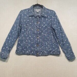 Analogy M Jacket Blue Denim White Floral Embroidered Button Front Cottage Boho